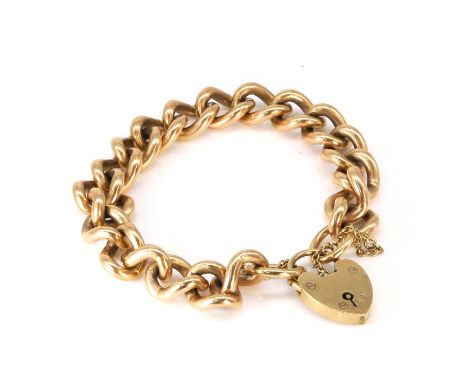 A 9ct gold curb link bracelet,  with solid curb links, 11mm wide, to a heart shaped padlock clasp with safety chain, 160mm lo