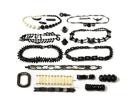 A group of jet, French jet and costume jewellery, comprising a single row carved jet link necklace, with rectangular jet cabl