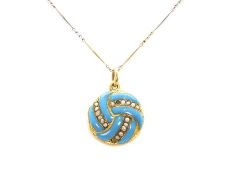 A split pearl and turquoise enamel photo locket pendant, a hinged locket with an internal glazed panel, to a jump ring bale, 