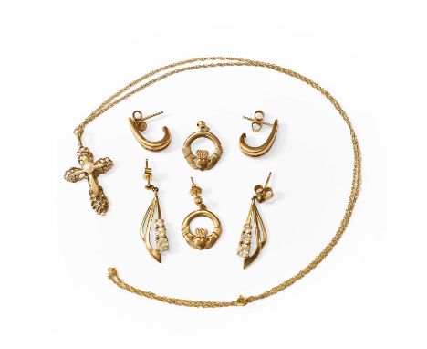 A group of 9ct gold jewellery, comprising a cultured pearl cross pendant, pearls untested, 30mm long, suspended by a Prince-o