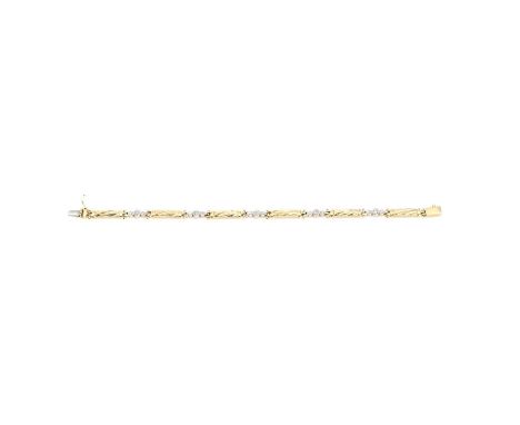 A two colour gold cubic zirconia link bracelet, with graduated round cut cubic zirconia, bezel set in white, alternating to y