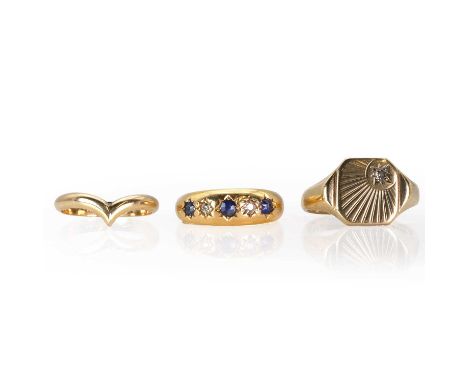 A group of gold and silver gilt rings, an 18ct gold sapphire and diamond ring, with round cut sapphires alternating to eight 