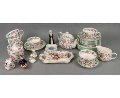 A Minton Haddon Hall twenty two piece tea service, two Royal Crown Derby animal paperweights, Hammersley miniature tea servic