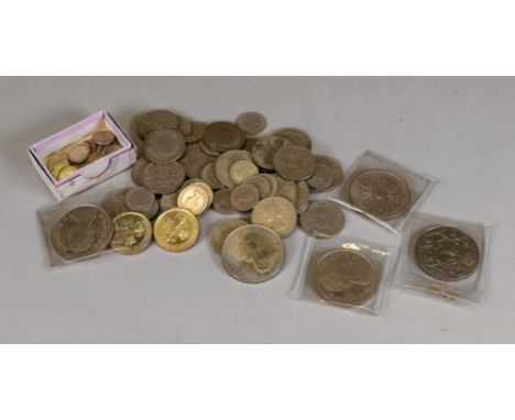 A collection of George V silver florins, others and sixpences, Dutch 10 cents coins, two x £2 coins and commemorative crowns 