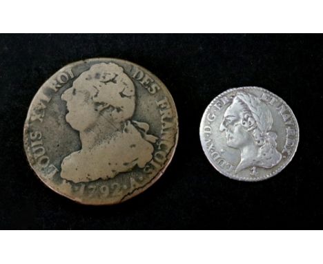 A Louis XV silver 1/10 ecu a la vielle tete, 12 sols, 1772 and a Louis XVI copper, 2 sols, 1792 (2).