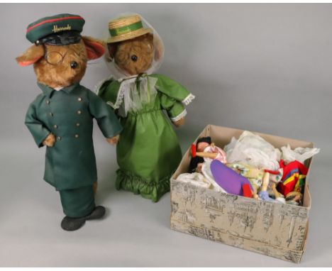 Two Jane's Original Harrods standing figures, 51cm high, a large collection of costume dolls, vintage leather suitcase, Pendr