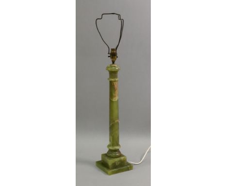 A green onyx marble columnar table lamp, on stepped square base, 57cm high with shade.
