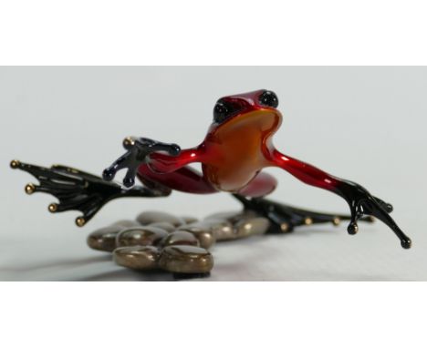 Tim Cotterill "Frogman" bronze frog sculpture: Brightly coloured frog on pebbles, limited edition, h 5.5 x 14cm. (Crack to on