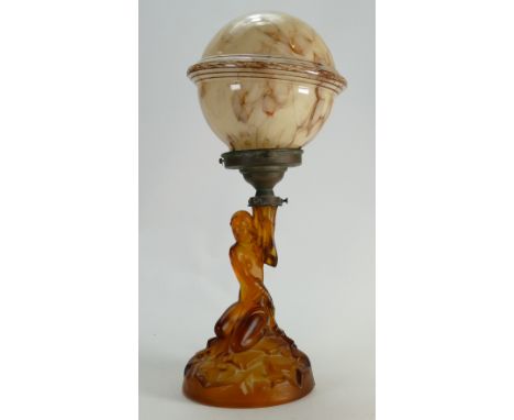 Art Deco lady glass lamp base &amp; shade: Amber glass figural base, together with original marbled glass globe shade, standi