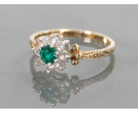 9ct gold vintage emerald &amp; diamond set ring: Size N, 2 grams.