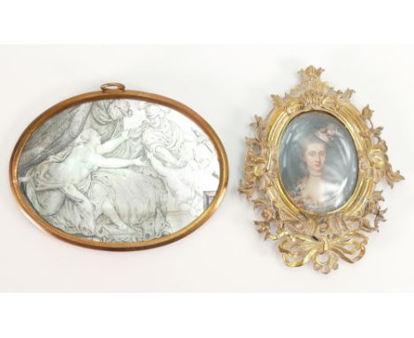 Two 19th century miniatures:  Detailed hand engraved Abalone shell (mother of pearl) oval miniature of a classical scene, 9cm