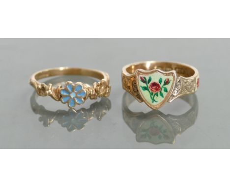 9ct gold ladies enamel rings: 4.5 grams. (2)