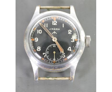 Lemania WWII military WW2 RAF wristwatch: Stainless steel case with the back plate marked with broad arrow and Q7766 4605 450