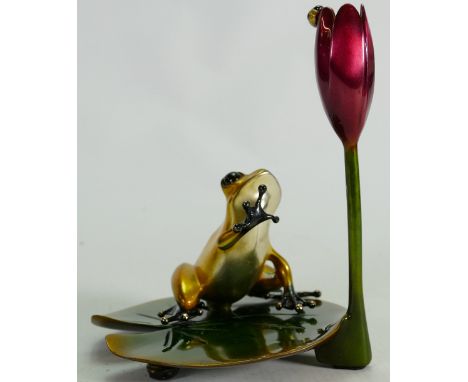 Tim Cotterill "Frogman" bronze frog sculpture: Brightly gold coloured frog on lily pad, limited edition, h 14.5 x d13cm. (Sma