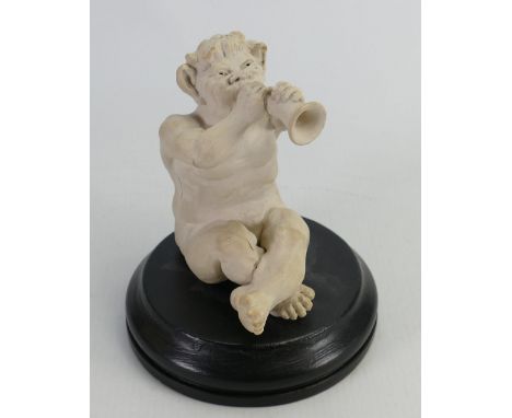 Martin Brothers musician Stoneware Imp figure: Playing the trumpet, height 14.5cm, on circular wood base.