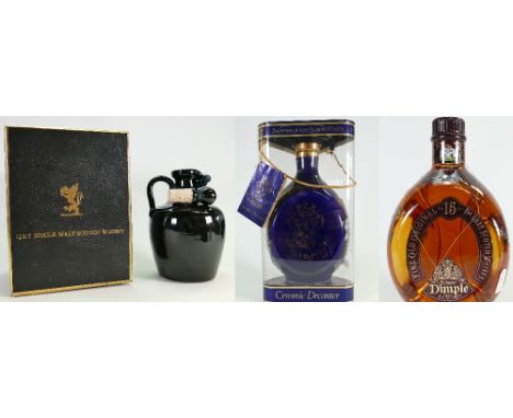Three vintage Scotch Whisky bottles: Including QE2/QEII single malt whisky, Dimple decanter and another Dimple whisky bottle.