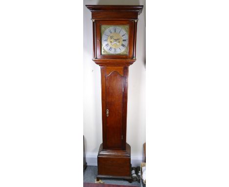 Early oak longcase clock with square brass dial by Whitehurst of Repton, dial 28cm, oak case with later additions.