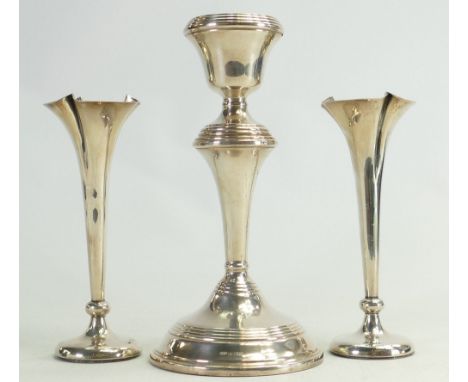 Silver candlestick &amp; pair of vases: All with loaded bases but clear hallmarks. Vases have hallmarks for Chester. 17.5cm &