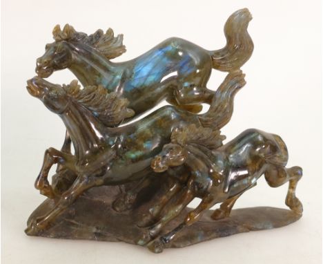Large Opal Boulder carving of 3 horses:  Genuine opal gemstone boulder caving.  Chipping mainly to mane of top horse, very sl