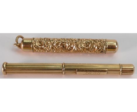 Sampson Mordan propelling Pencil with 15ct gold outer case together with gold plated American similar item:  The Mordan examp