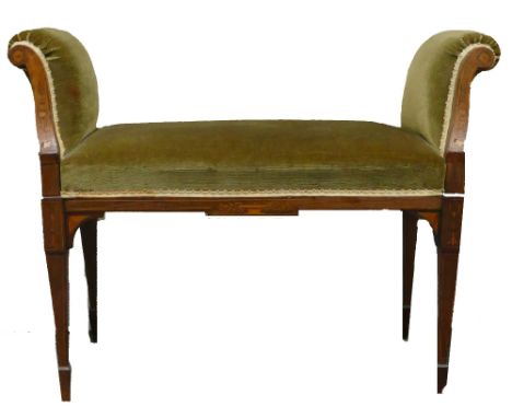 Edwardian inlaid window seat / piano stool: Measurements 82cm x 38cm x 64cm high approx.  Some minor losses, and frame slight