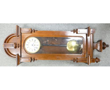 19th century Vienna single weight Wall clock: In walnut case, overall height 98cm x w32cm. (small crack to enamel dial).