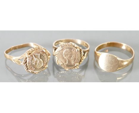 9ct gold items: Including 2 x 9ct signet rings set with coins of Emperadon Maximiliano and 9ct signet ring, 6.3 grams. (3)