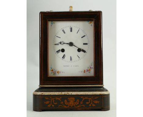 19th century Mahogany inlaid Mantle clock: By Thomas A Paris, h23 x w17cm.