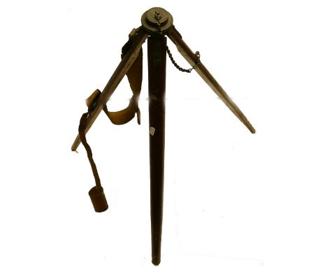 A Maple &amp; Co early 20th century folding wooden tripod stand: Dated 1915, possibly for a telescope or lights, leather carr