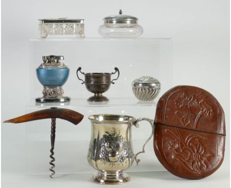 A collection of silver &amp; other items to include: Silver topped scent bottles, miniature trophy, ornate silver snuff box, 