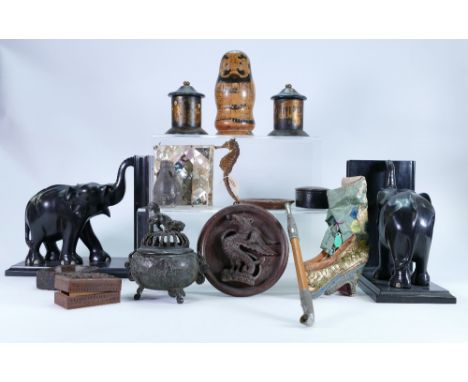 A collection of interesting Oriental items: Including small ornate silk child's shoe, Chinese Bronze Potpourri jar &amp; cove