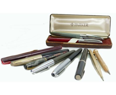 A collection of vintage Fountain pens: Including Parker, Cellon rolled gold pencil, Burnham fountain pen etc. (11)