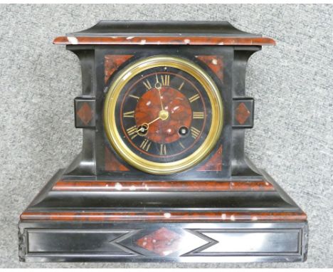 19th century French red marble and black slate Mantle clock with key: By T Billet &amp; Roblin of Paris no 18686.  21cm x 24c