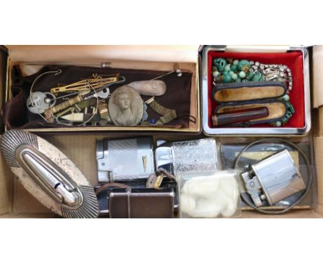 A collection of vintage collectable items: Including lighters, beads, costume jewellery, etc.