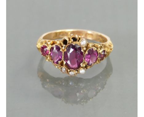 Antique 15ct ring set with 5 amethysts &amp; seed pearls: 2 grams.