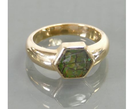 14ct ladies ring set with green opal type stone: Size N,  5.6 grams.