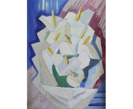  "Gilbert DECOCK (1928-2007) Attr. a - "Composition abstraite de fleurs dâ€™aromes" Huile sur toile, datee de 1947. - Gilbert