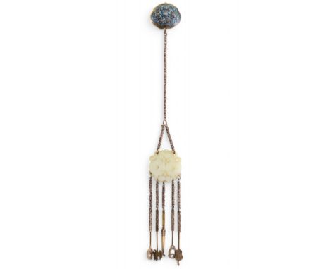  "Chine - Chatelaine a opium en bronze emaille, jade blanc sculpte et outils, Dynastie Qing, XIXeme. - Chine - Chatelaine a o