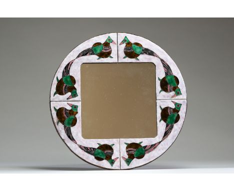  "Miroir vintage en email sur cuivre, Finlande, Scandinavie, vers 1960. - Miroir vintage en email sur cuivre a decor d'oiseau