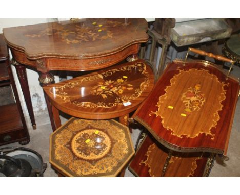 AN INLAID FOLD OVER CARD TABLE TOGETHER WITH AN INLAID TROLLEY A SEWING TABLE AND A MUSICAL TABLE