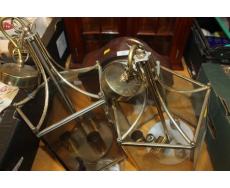 TWO HANGING GLASS SHADES TOGETHER WITH A SMITHS MANTEL CLOCK