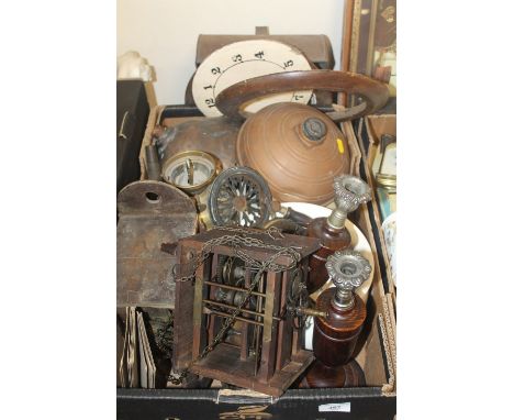 A TRAY OF ASSORTED METALWARE ETC TO INCLUDE CANDLE STICKS AND CLOCK PARTS