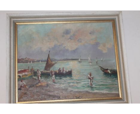 A CONTINENTAL SEASCAPE OIL PAINTING DEPICTING BOATS SIGNED LOWER LEFT
