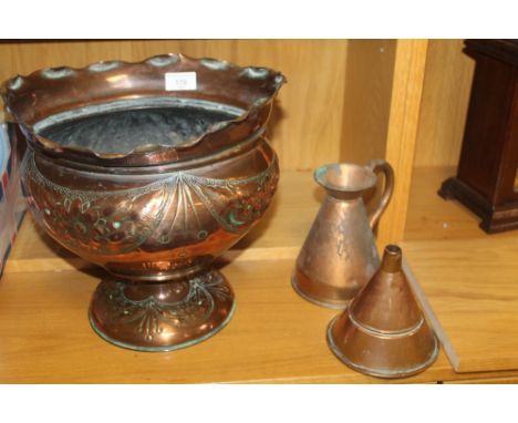 A LARGE COPPER ARTS AND CRAFTS STYLE PLANTER TOGETHER WITH A MEASURING JUG ETC