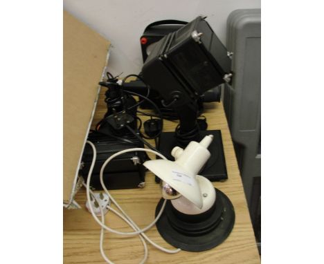 A box of electrical items to inc a video camera, lighting etc
