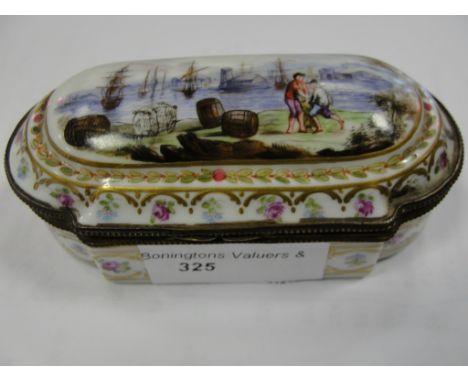 A 19th century hand-painted trinket box with ship and sailors to the top, crossed swords mark to base