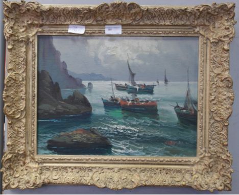 Circle of Cecil R Doyly-John (British, 1906-1993): A seascape with boats, oil on board, indistinctly signed 