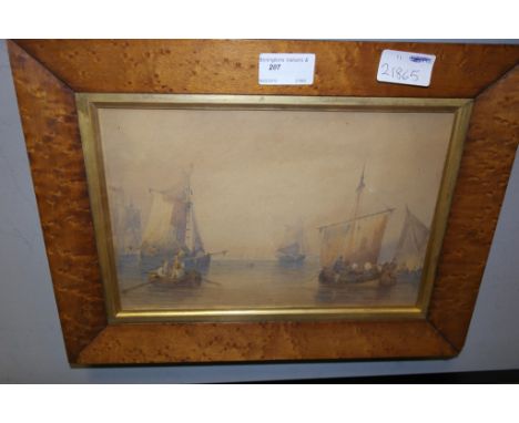 Follower of Richard Parkes Bonington (British, 1801-1828):
A seascape with numerous boats & figures, watercolour, label to ve