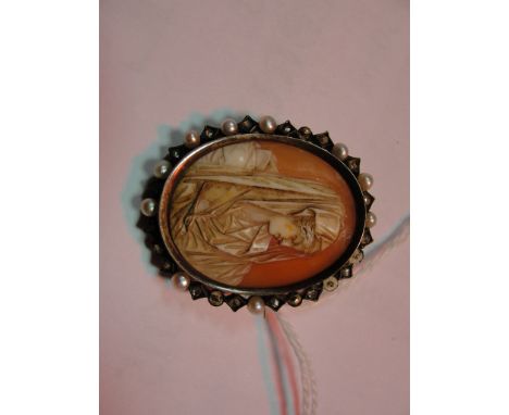 19th century cameo with pearl and diamond surround