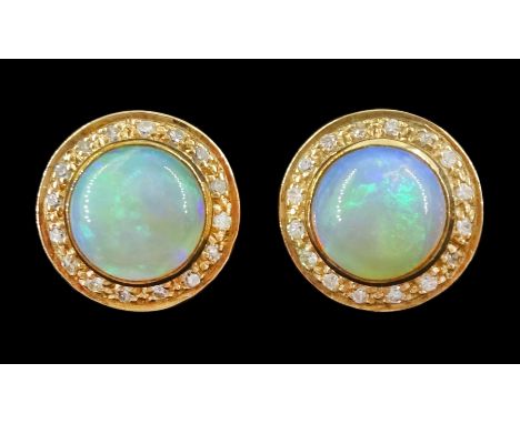 Pair of 9ct gold opal and round brilliant cut diamond circular stud earrings, London import mark 1990Condition Report:Approx 